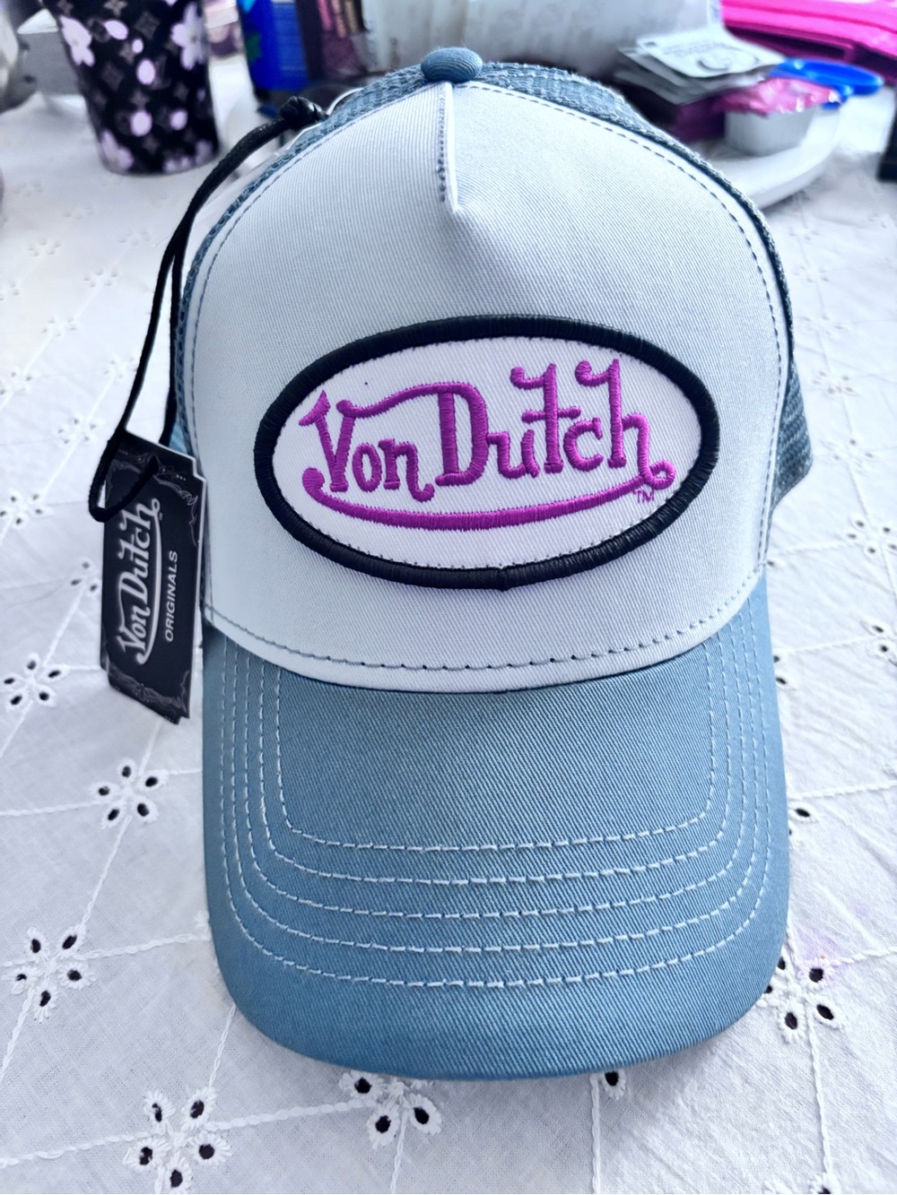Von Dutch Light Blue & White Trucker Hat with Pink Logo